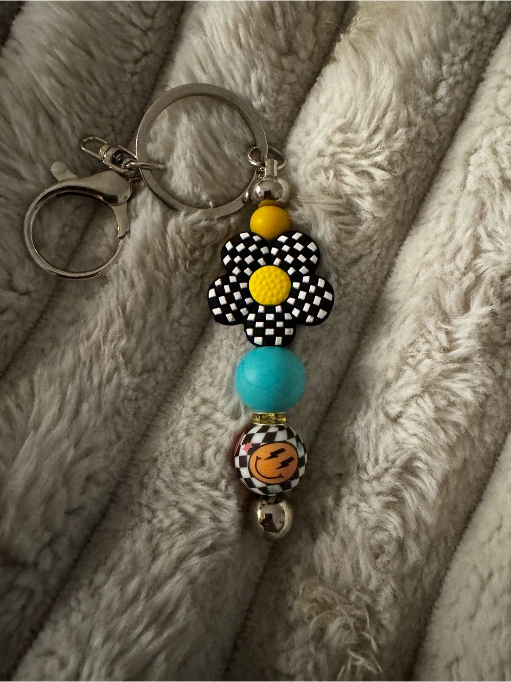 Handmade Black & Yellow Checker Flower Keychain with Turquoise Bead